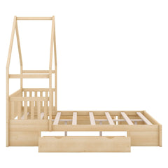 Bellemave® Queen Size Wood House Platform Bed with Guardrail and 2 Drawers - Bellemave