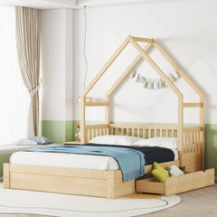 Bellemave® Queen Size Wood House Platform Bed with Guardrail and 2 Drawers - Bellemave