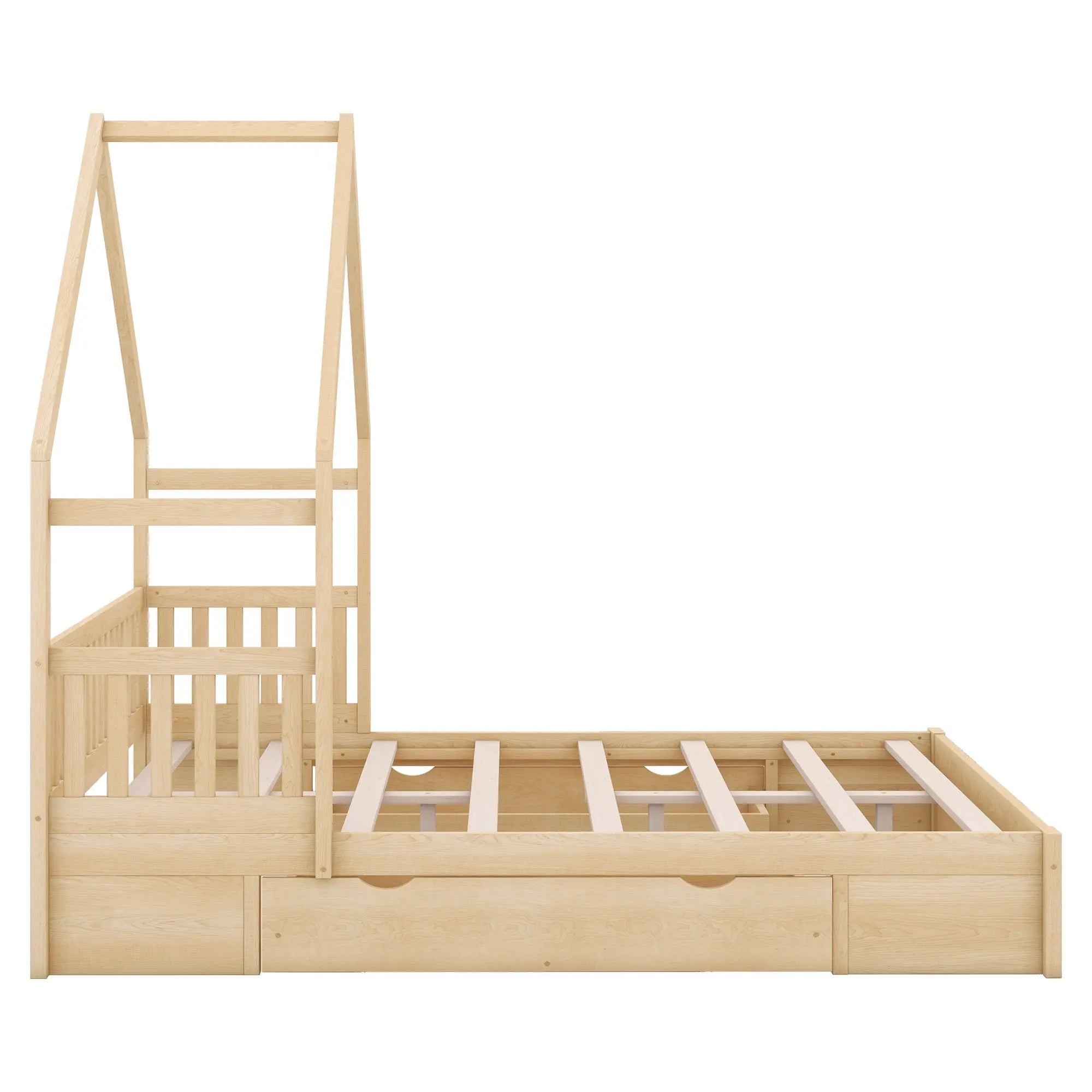 Bellemave® Queen Size Wood House Platform Bed with Guardrail and 2 Drawers - Bellemave