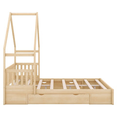 Bellemave® Queen Size Wood House Platform Bed with Guardrail and 2 Drawers - Bellemave