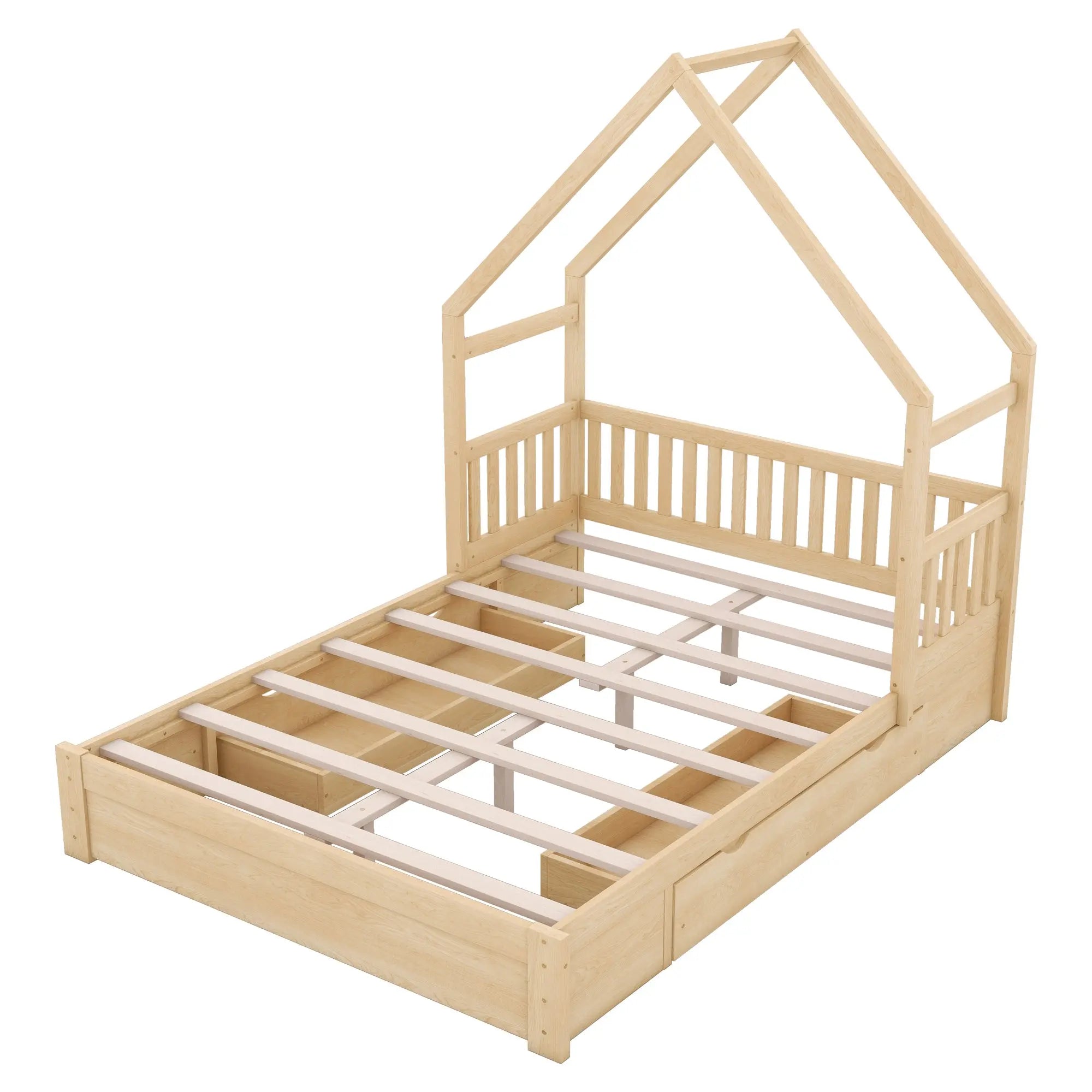 Bellemave® Queen Size Wood House Platform Bed with Guardrail and 2 Drawers - Bellemave