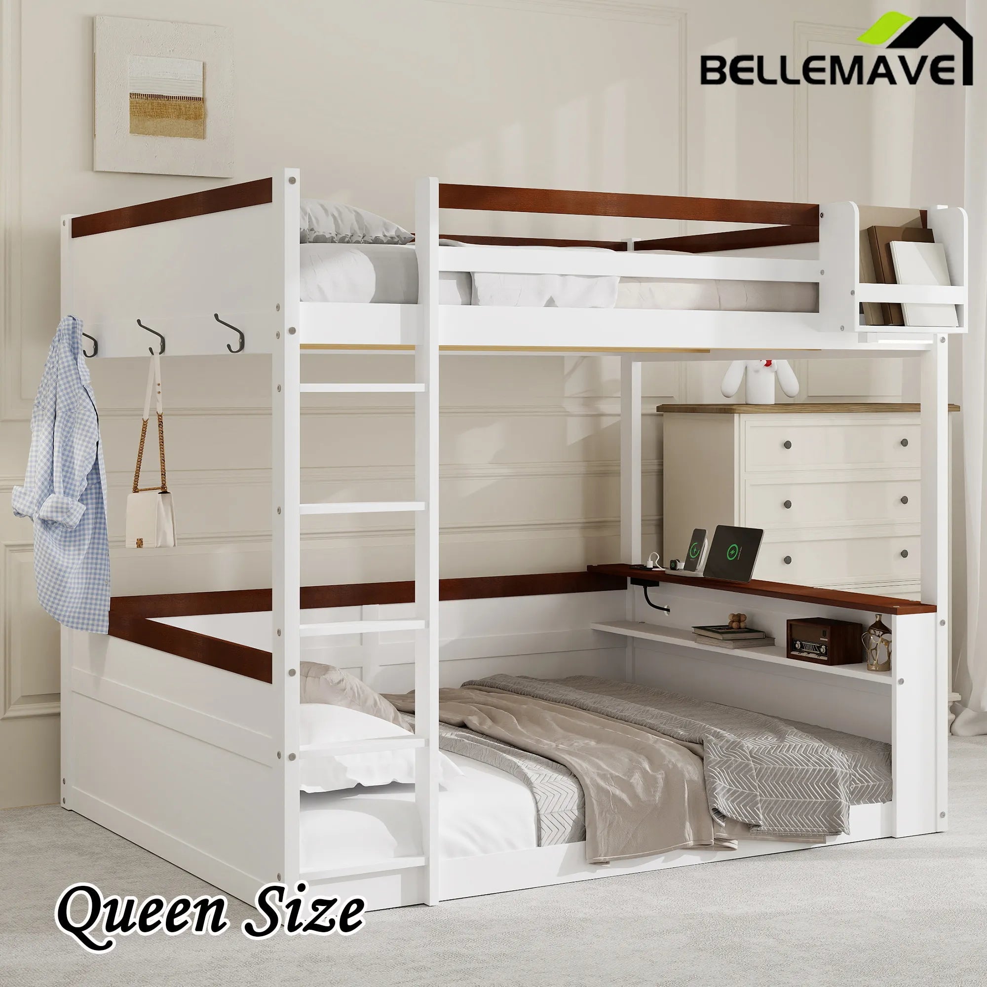 Bellemave® Queen Size Wooden Bunk Bed with Built - in Shelves,Storage Box,LED Light and USB Charging Station - Bellemave