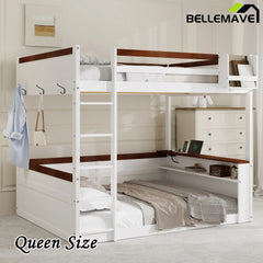Bellemave® Queen Size Wooden Bunk Bed with Built - in Shelves,Storage Box,LED Light and USB Charging Station - Bellemave