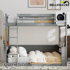 Bellemave® Queen Size Wooden Bunk Bed with Built - in Shelves,Storage Box,LED Light and USB Charging Station - Bellemave