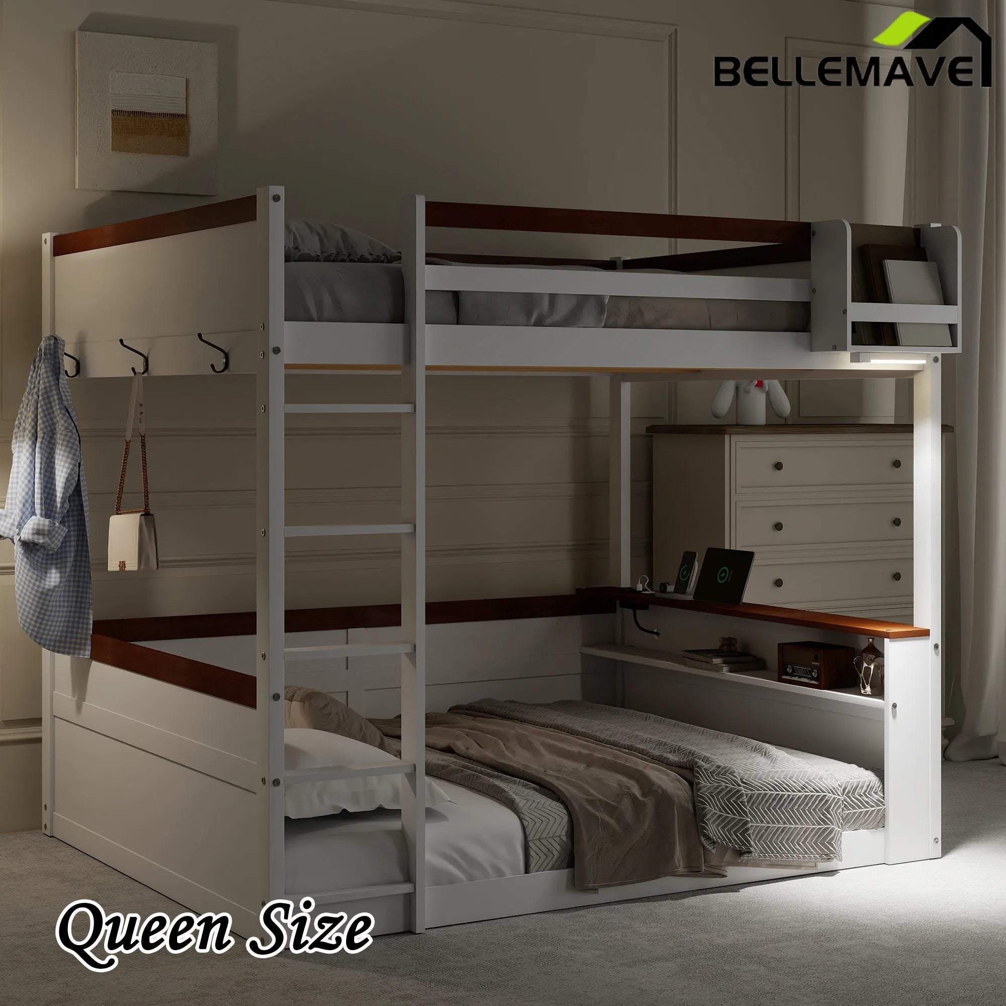 Bellemave® Queen Size Wooden Bunk Bed with Built - in Shelves,Storage Box,LED Light and USB Charging Station - Bellemave
