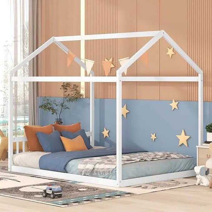 Bellemave® Queen Size Wooden House Bed with Headboard - Bellemave