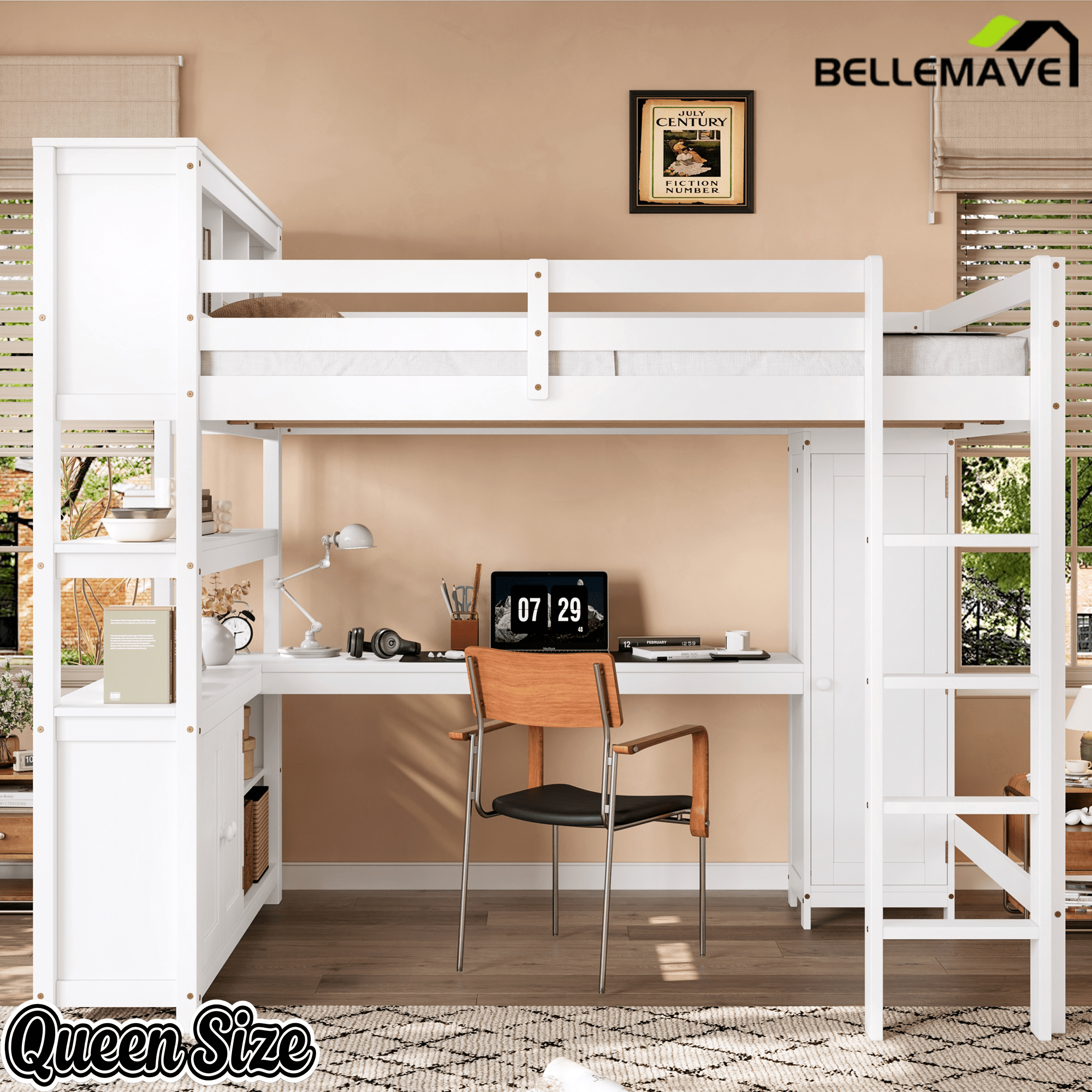 Bellemave® Queen Size Wooden Loft Bed with L - Shaped Desk, Wardrobe, Bookshelf & Bookcase Headboard for Teens Adults, White - Bellemave