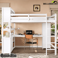 Bellemave® Queen Size Wooden Loft Bed with L - Shaped Desk, Wardrobe, Bookshelf & Bookcase Headboard for Teens Adults, White - Bellemave