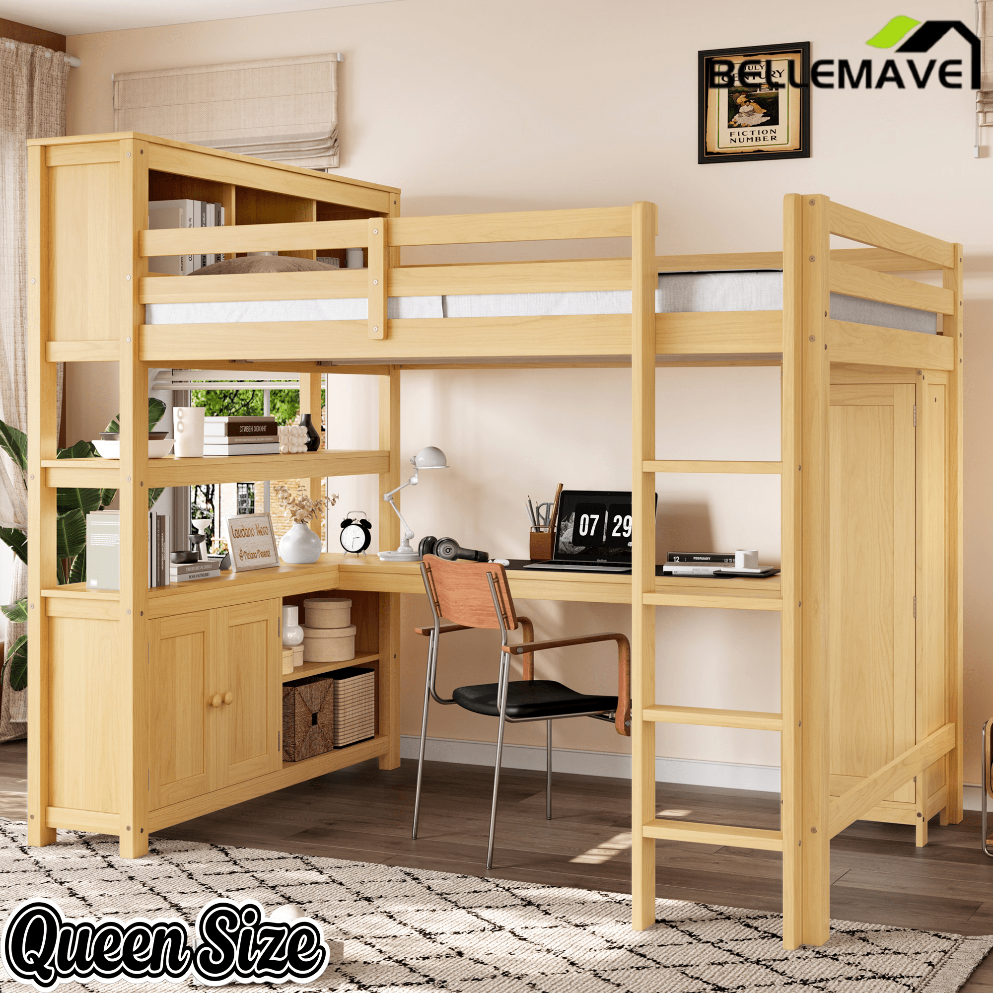 Bellemave® Queen Size Wooden Loft Bed with L - Shaped Desk, Wardrobe, Bookshelf & Bookcase Headboard for Teens Adults, White - Bellemave