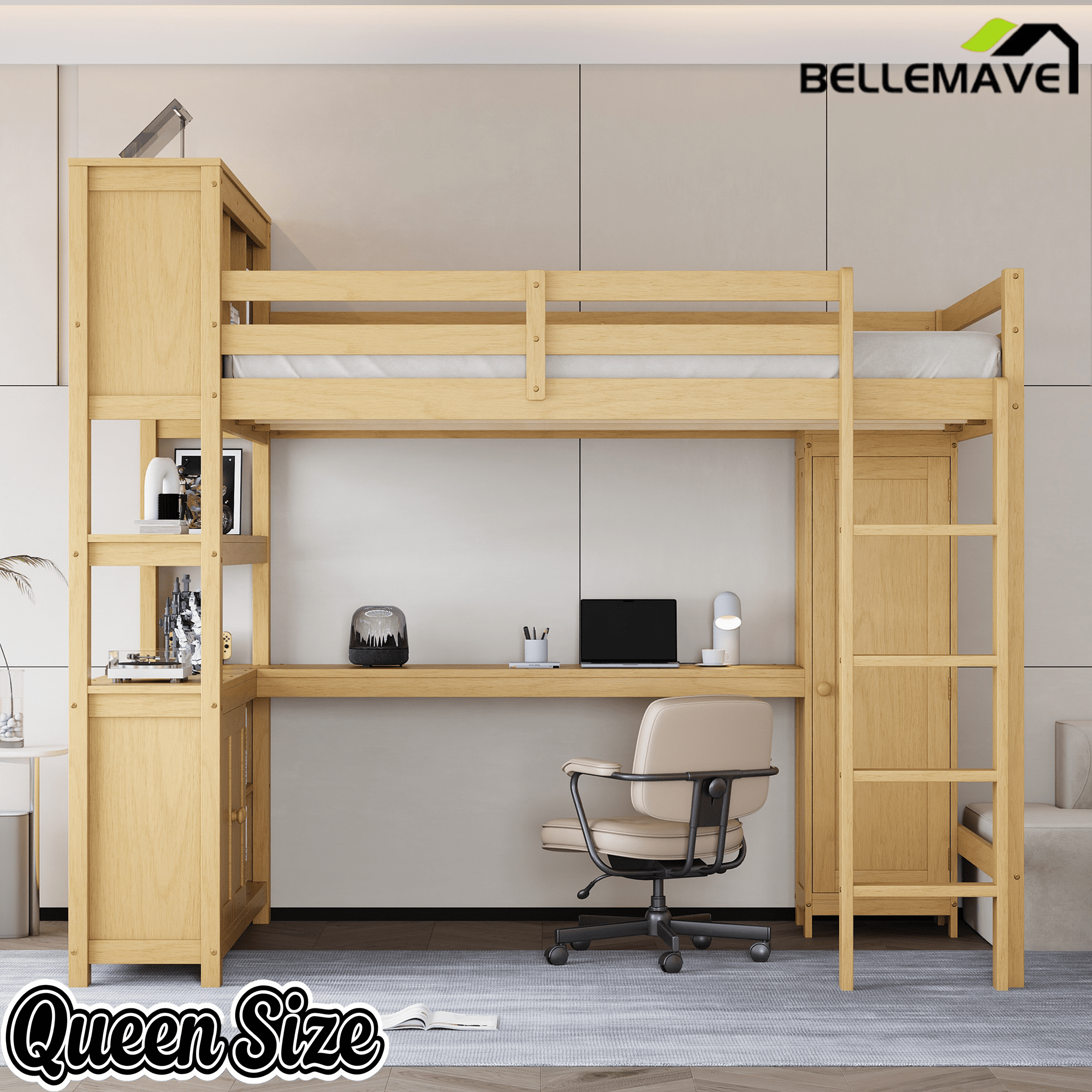 Bellemave® Queen Size Wooden Loft Bed with L - Shaped Desk, Wardrobe, Bookshelf & Bookcase Headboard for Teens Adults, White - Bellemave
