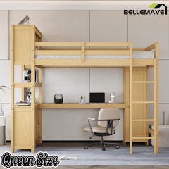 Bellemave® Queen Size Wooden Loft Bed with L - Shaped Desk, Wardrobe, Bookshelf & Bookcase Headboard for Teens Adults, White - Bellemave