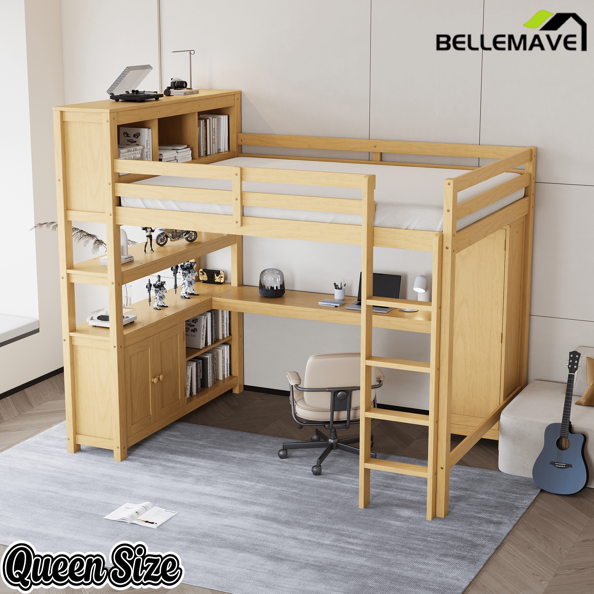 Bellemave® Queen Size Wooden Loft Bed with L - Shaped Desk, Wardrobe, Bookshelf & Bookcase Headboard for Teens Adults, White - Bellemave