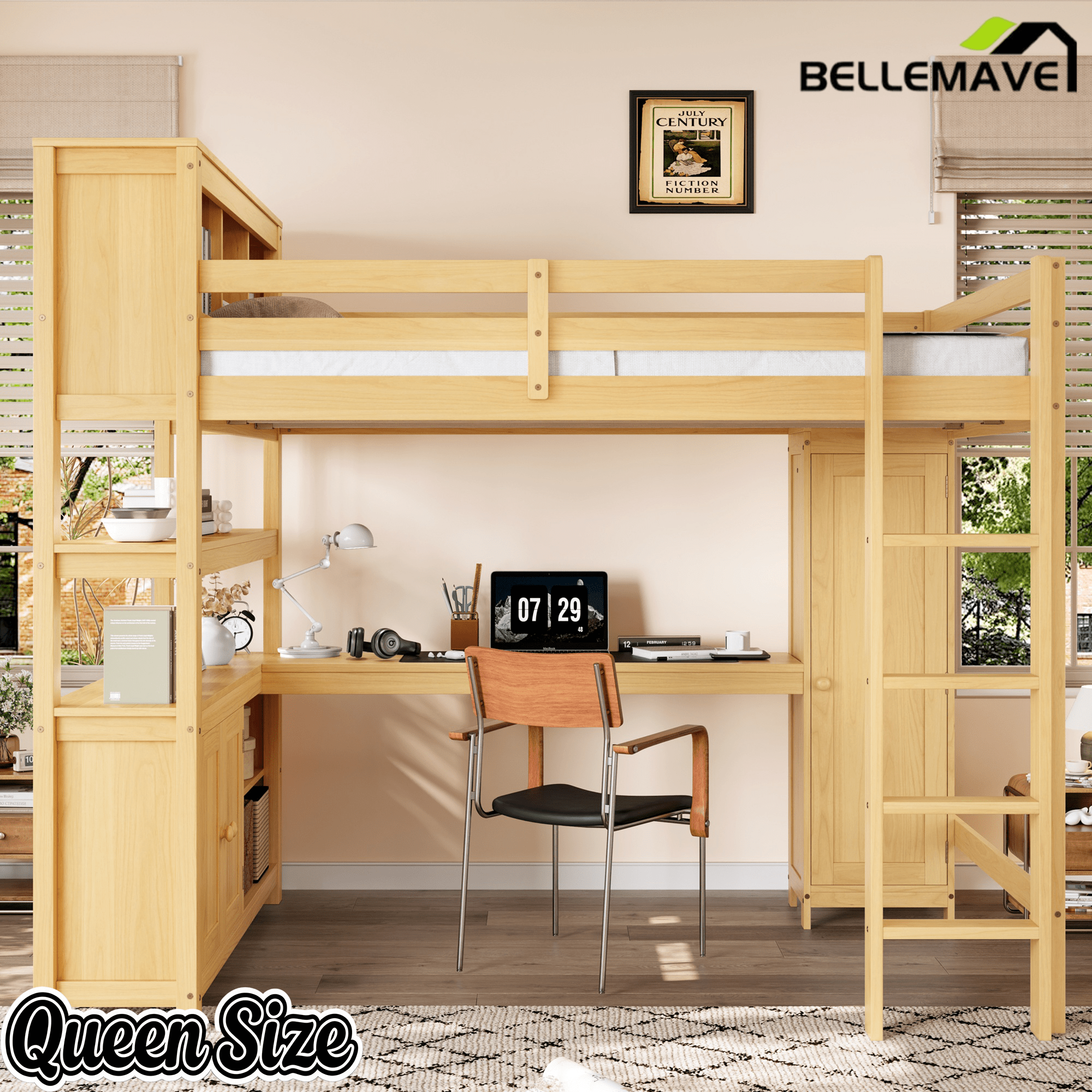 Bellemave® Queen Size Wooden Loft Bed with L - Shaped Desk, Wardrobe, Bookshelf & Bookcase Headboard for Teens Adults, White - Bellemave