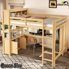 Bellemave® Queen Size Wooden Loft Bed with L - Shaped Desk, Wardrobe, Bookshelf & Bookcase Headboard for Teens Adults, White - Bellemave