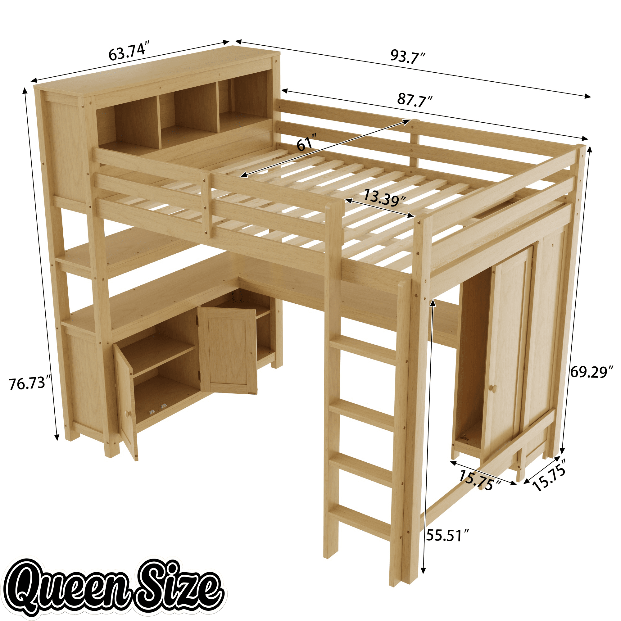 Bellemave® Queen Size Wooden Loft Bed with L - Shaped Desk, Wardrobe, Bookshelf & Bookcase Headboard for Teens Adults, White - Bellemave