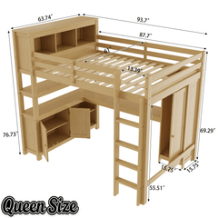 Bellemave® Queen Size Wooden Loft Bed with L - Shaped Desk, Wardrobe, Bookshelf & Bookcase Headboard for Teens Adults, White - Bellemave
