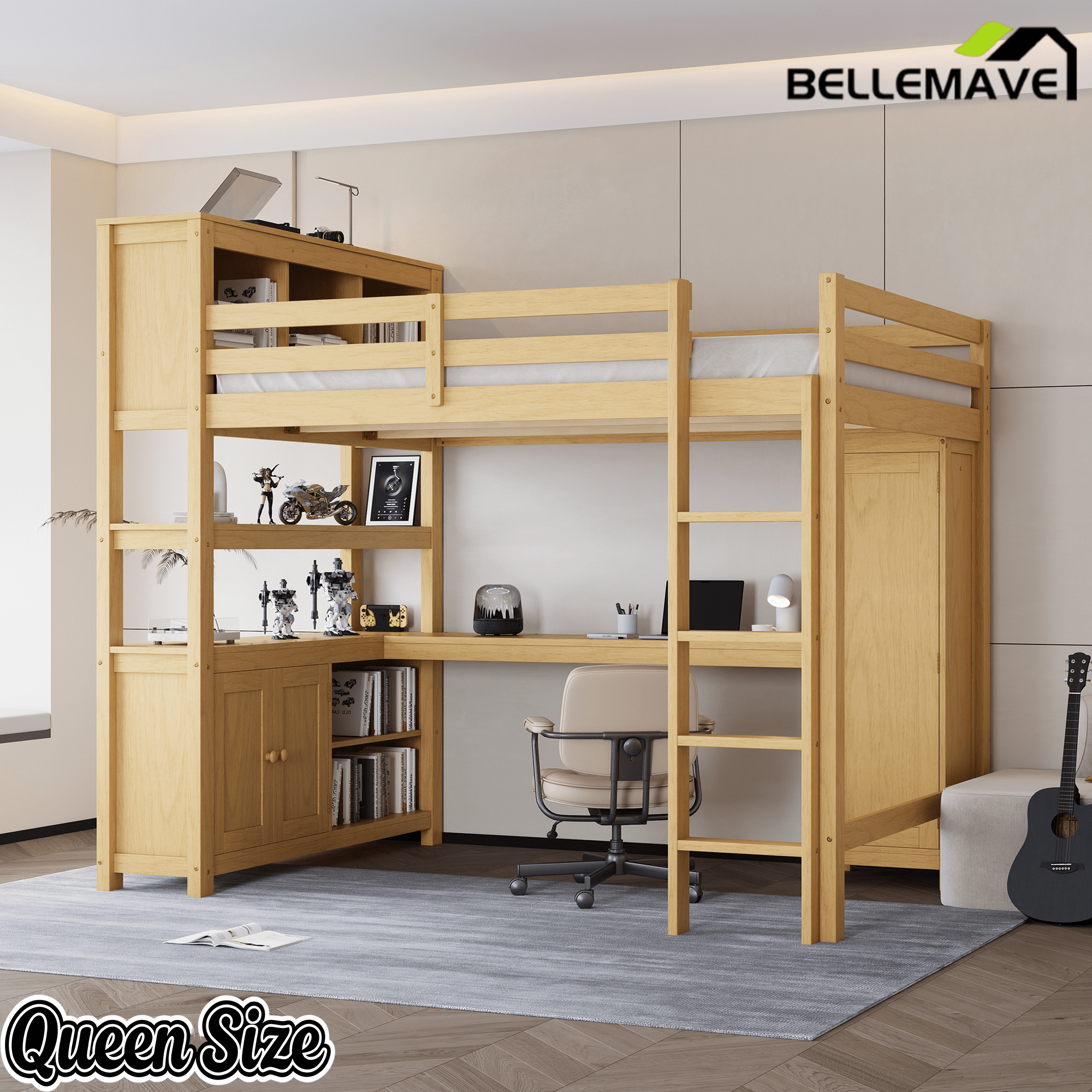 Bellemave® Queen Size Wooden Loft Bed with L - Shaped Desk, Wardrobe, Bookshelf & Bookcase Headboard for Teens Adults, White - Bellemave