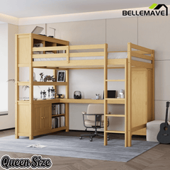 Bellemave® Queen Size Wooden Loft Bed with L - Shaped Desk, Wardrobe, Bookshelf & Bookcase Headboard for Teens Adults, White - Bellemave