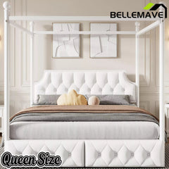 Bellemave® Queen Upholstered Canopy Bed Frame with 2 Drawers, Headboard & Storage, Four-Poster Metal Platform Bed Frame, White - Bellemave
