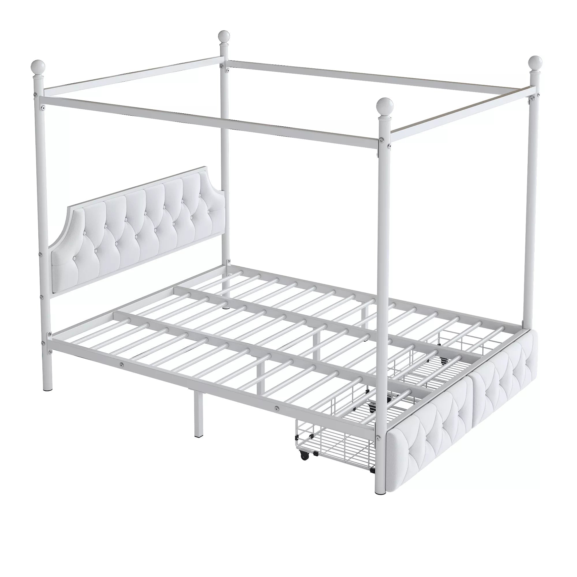Bellemave® Queen Upholstered Canopy Bed Frame with 2 Drawers, Headboard & Storage, Four-Poster Metal Platform Bed Frame, White - Bellemave