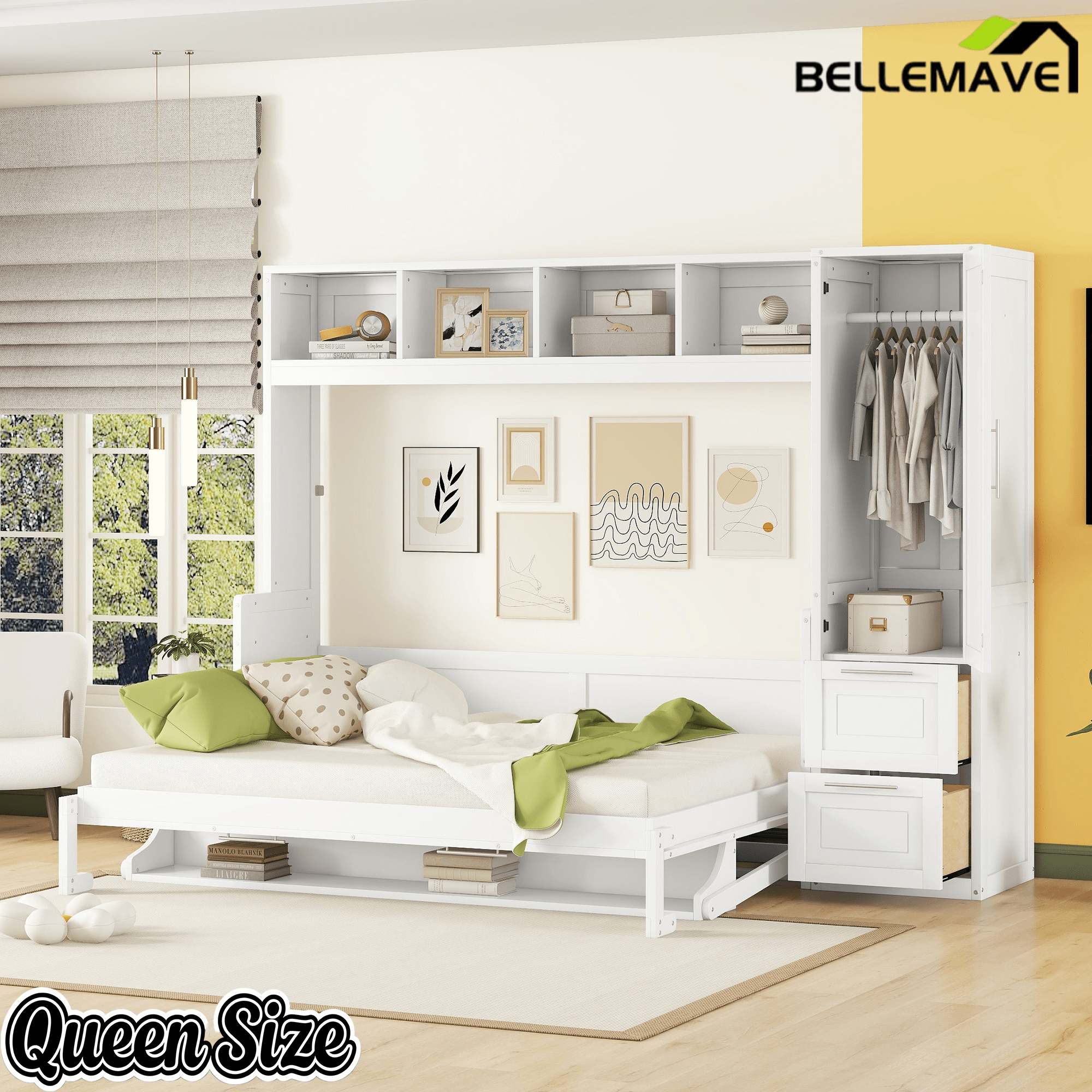 Bellemave® Queen/Full Size Multi - Functional Murphy Bed with Wardrobe, Storage Drawers, Closet, Shelves & Cabinet, Wood Foldable Bed - Bellemave
