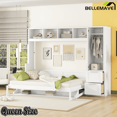 Bellemave® Queen/Full Size Multi - Functional Murphy Bed with Wardrobe, Storage Drawers, Closet, Shelves & Cabinet, Wood Foldable Bed - Bellemave