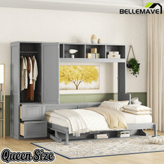 Bellemave® Queen/Full Size Multi - Functional Murphy Bed with Wardrobe, Storage Drawers, Closet, Shelves & Cabinet, Wood Foldable Bed - Bellemave