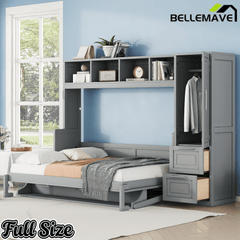 Bellemave® Queen/Full Size Multi - Functional Murphy Bed with Wardrobe, Storage Drawers, Closet, Shelves & Cabinet, Wood Foldable Bed - Bellemave