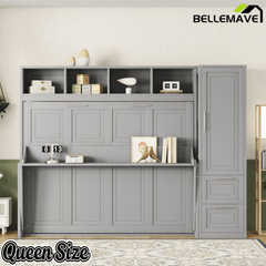Bellemave® Queen/Full Size Multi - Functional Murphy Bed with Wardrobe, Storage Drawers, Closet, Shelves & Cabinet, Wood Foldable Bed - Bellemave