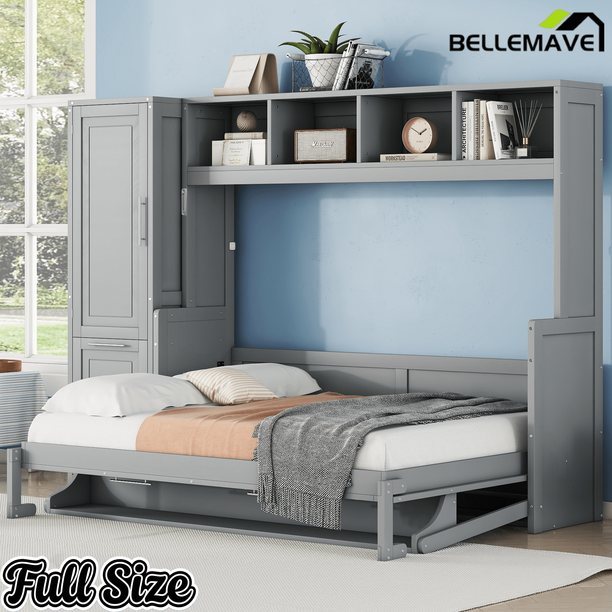 Bellemave® Queen/Full Size Multi - Functional Murphy Bed with Wardrobe, Storage Drawers, Closet, Shelves & Cabinet, Wood Foldable Bed - Bellemave