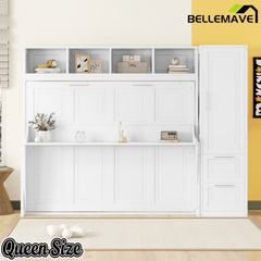 Bellemave® Queen/Full Size Multi - Functional Murphy Bed with Wardrobe, Storage Drawers, Closet, Shelves & Cabinet, Wood Foldable Bed - Bellemave