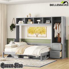 Bellemave® Queen/Full Size Multi - Functional Murphy Bed with Wardrobe, Storage Drawers, Closet, Shelves & Cabinet, Wood Foldable Bed - Bellemave