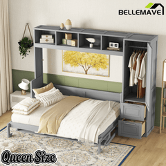Bellemave® Queen/Full Size Multi - Functional Murphy Bed with Wardrobe, Storage Drawers, Closet, Shelves & Cabinet, Wood Foldable Bed - Bellemave