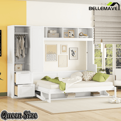 Bellemave® Queen/Full Size Multi - Functional Murphy Bed with Wardrobe, Storage Drawers, Closet, Shelves & Cabinet, Wood Foldable Bed - Bellemave