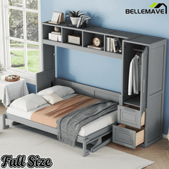 Bellemave® Queen/Full Size Multi - Functional Murphy Bed with Wardrobe, Storage Drawers, Closet, Shelves & Cabinet, Wood Foldable Bed - Bellemave