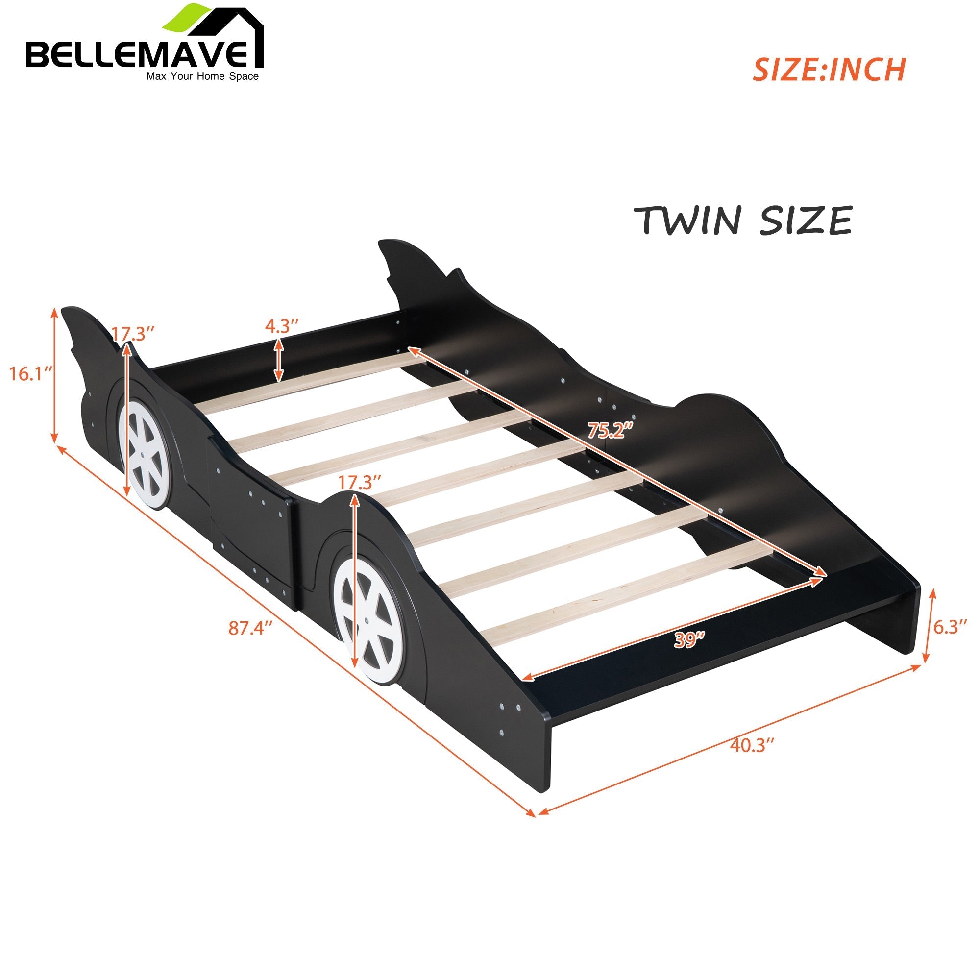 Bellemave Race Car-Shaped Platform Bed with Wheels - Bellemave