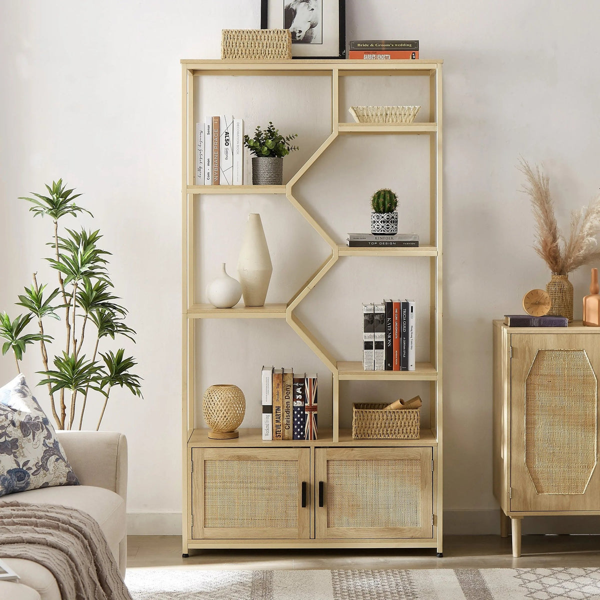 Bellemave® Rattan Bookshelf 7 Tiers Bookcases Storage Rack with Cabinet - Bellemave