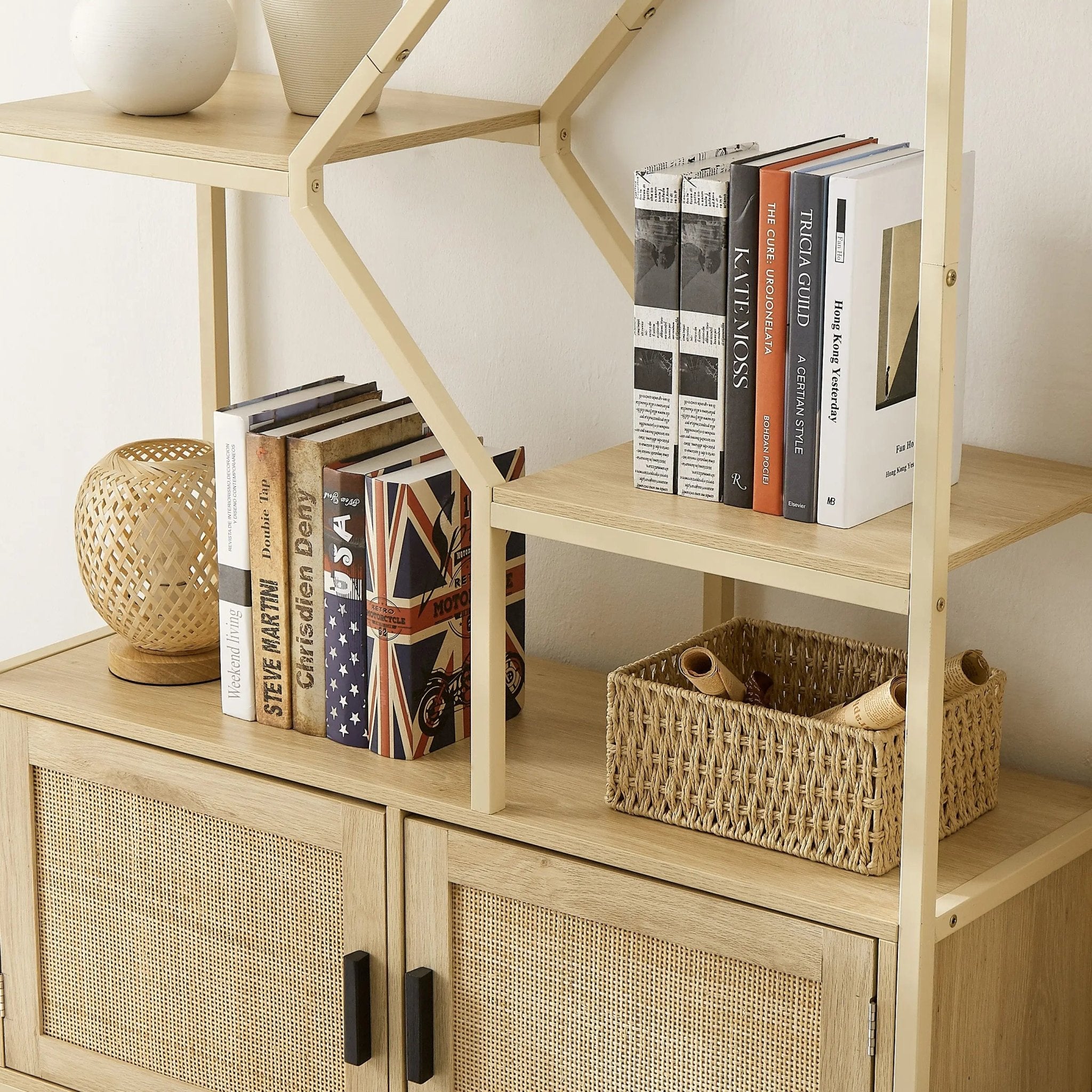 Bellemave® Rattan Bookshelf 7 Tiers Bookcases Storage Rack with Cabinet - Bellemave