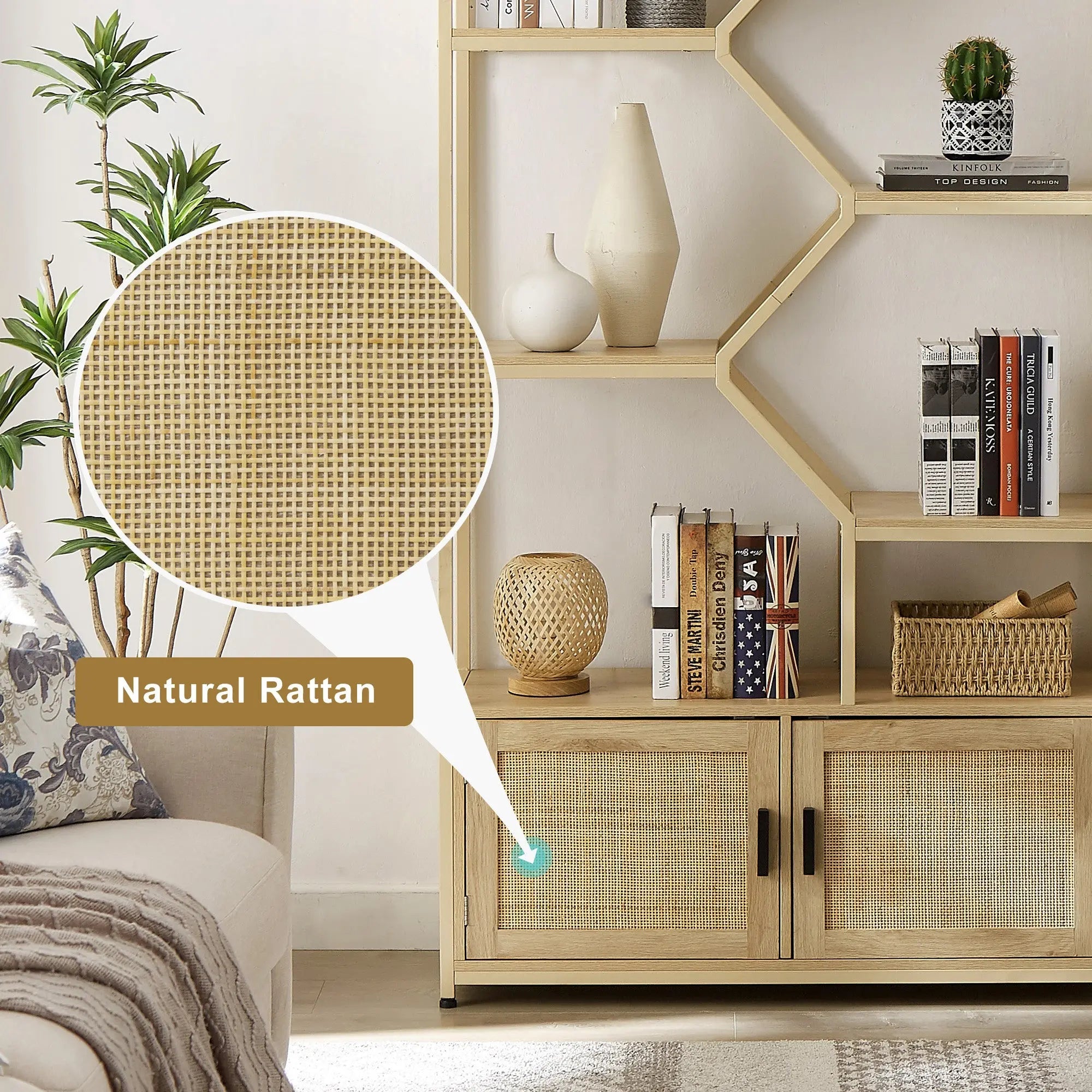 Bellemave® Rattan Bookshelf 7 Tiers Bookcases Storage Rack with Cabinet - Bellemave