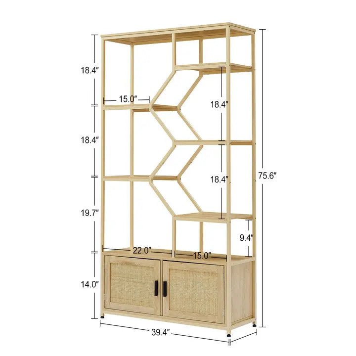 Bellemave® Rattan Bookshelf 7 Tiers Bookcases Storage Rack with Cabinet - Bellemave