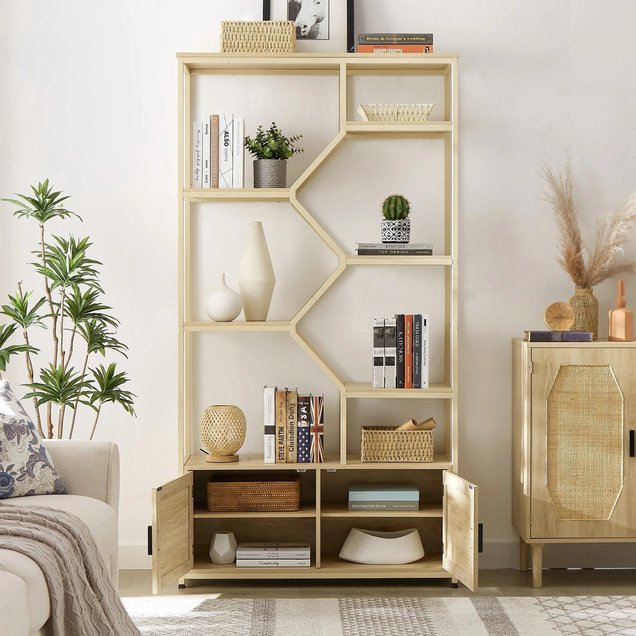 Bellemave® Rattan Bookshelf 7 Tiers Bookcases Storage Rack with Cabinet - Bellemave