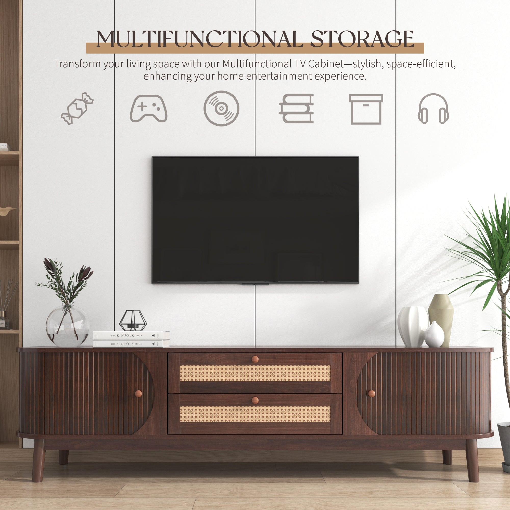 Bellemave® Rattan TV Stand with Solid Wood Legs for TVs up to 75'' - Bellemave