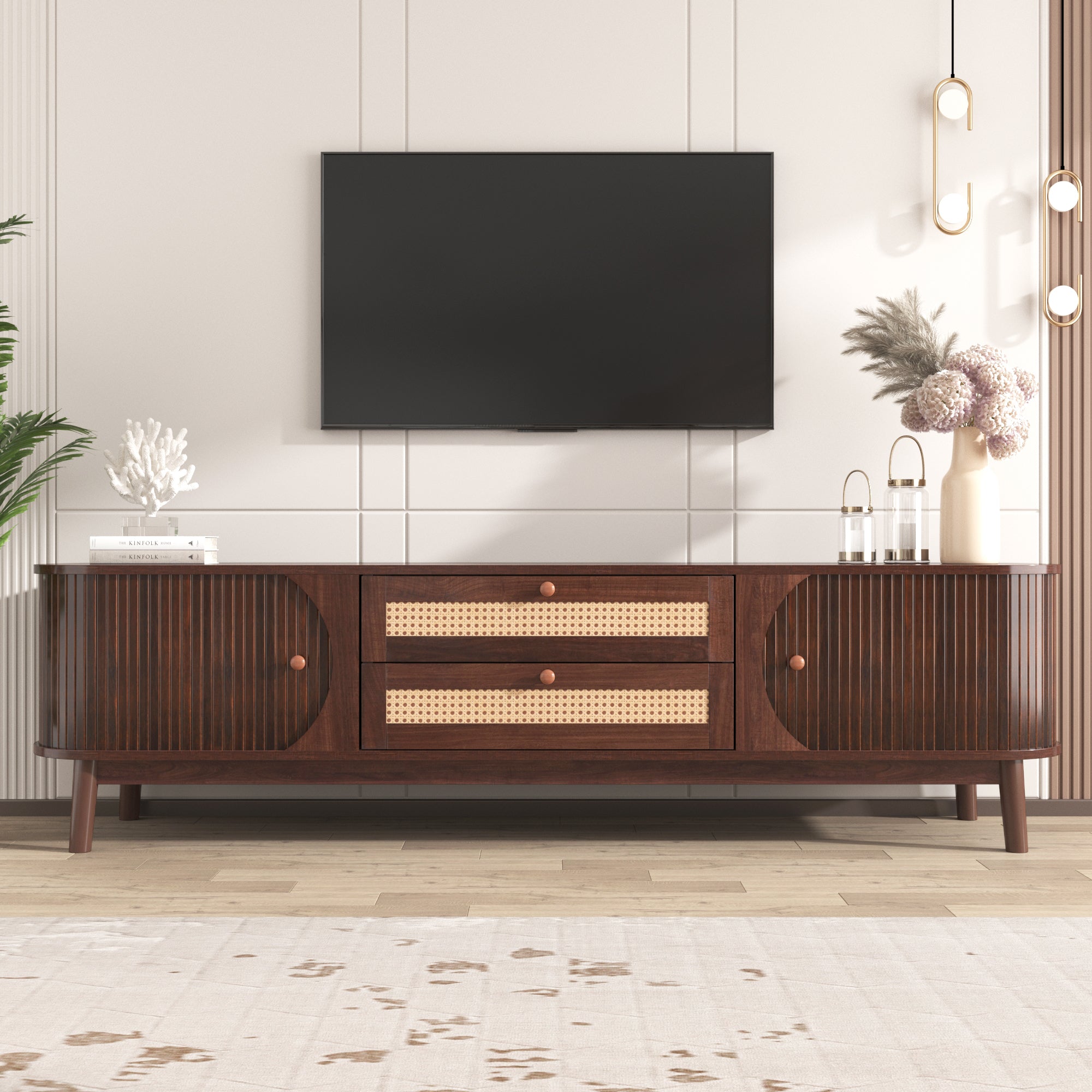 Bellemave® Rattan TV Stand with Solid Wood Legs for TVs up to 75'' - Bellemave