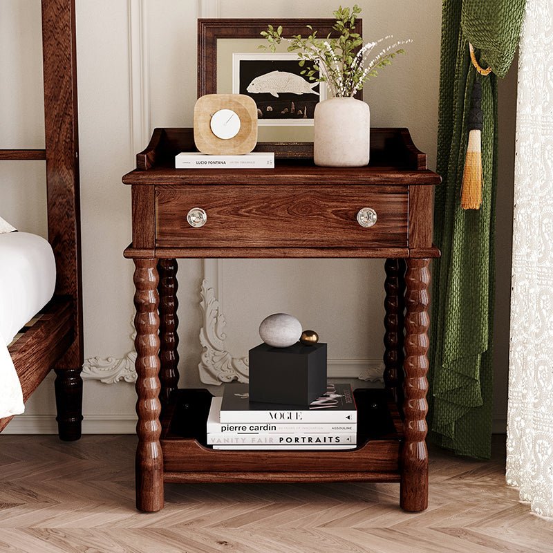 Bellemave® Retro Style Nightstand with Drawer and Open Shelf, Turned Legs and Metal Handle - Bellemave