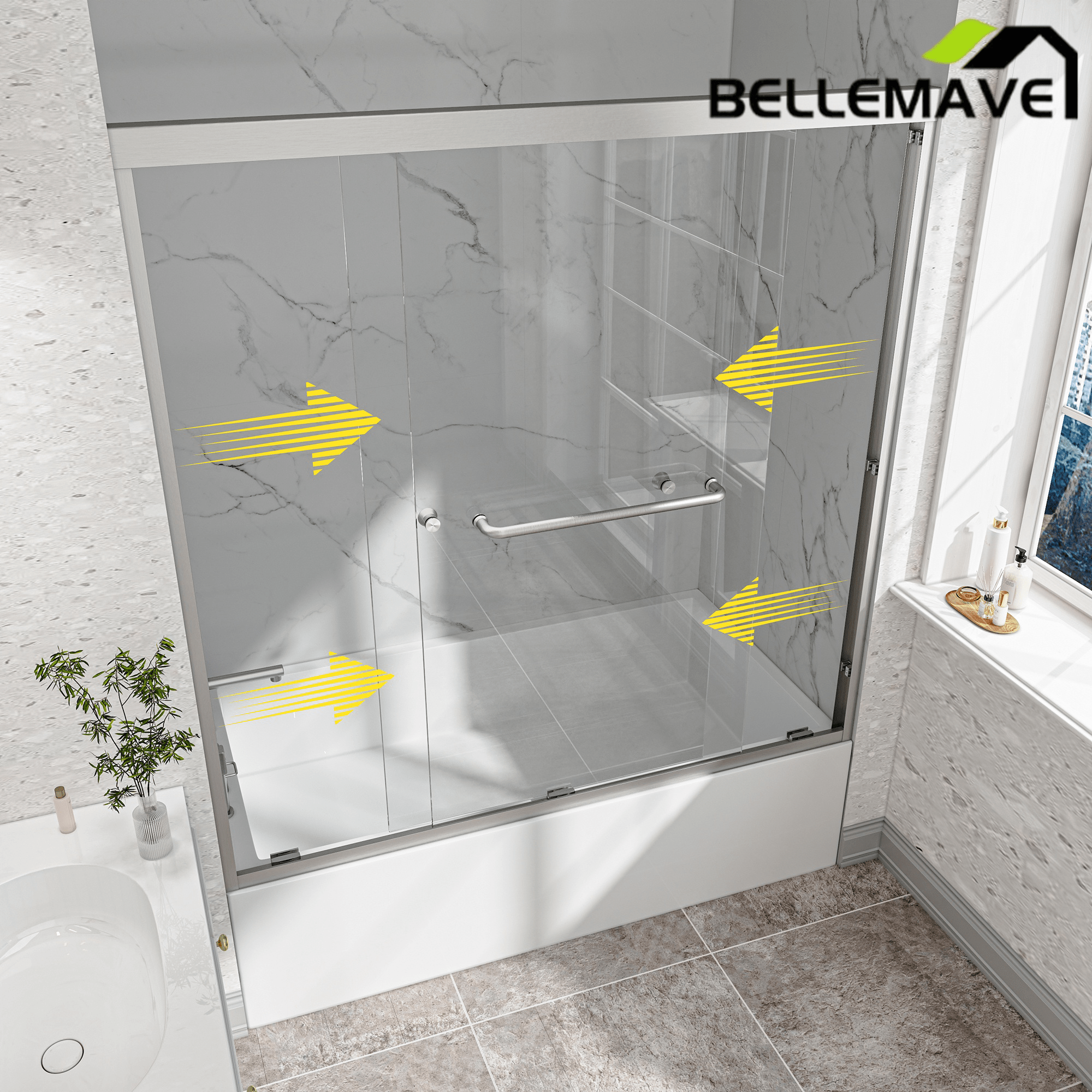 Bellemave® Reversible Installation Double Bypass Sliding Shower Door,Aluminium Alloy Frame,1/4"(6MM) Tempered Glass With Nano Explosion - proof Membrance,Easy Installation - Bellemave
