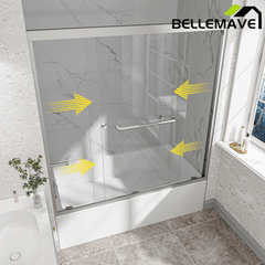Bellemave® Reversible Installation Double Bypass Sliding Shower Door,Aluminium Alloy Frame,1/4"(6MM) Tempered Glass With Nano Explosion - proof Membrance,Easy Installation - Bellemave