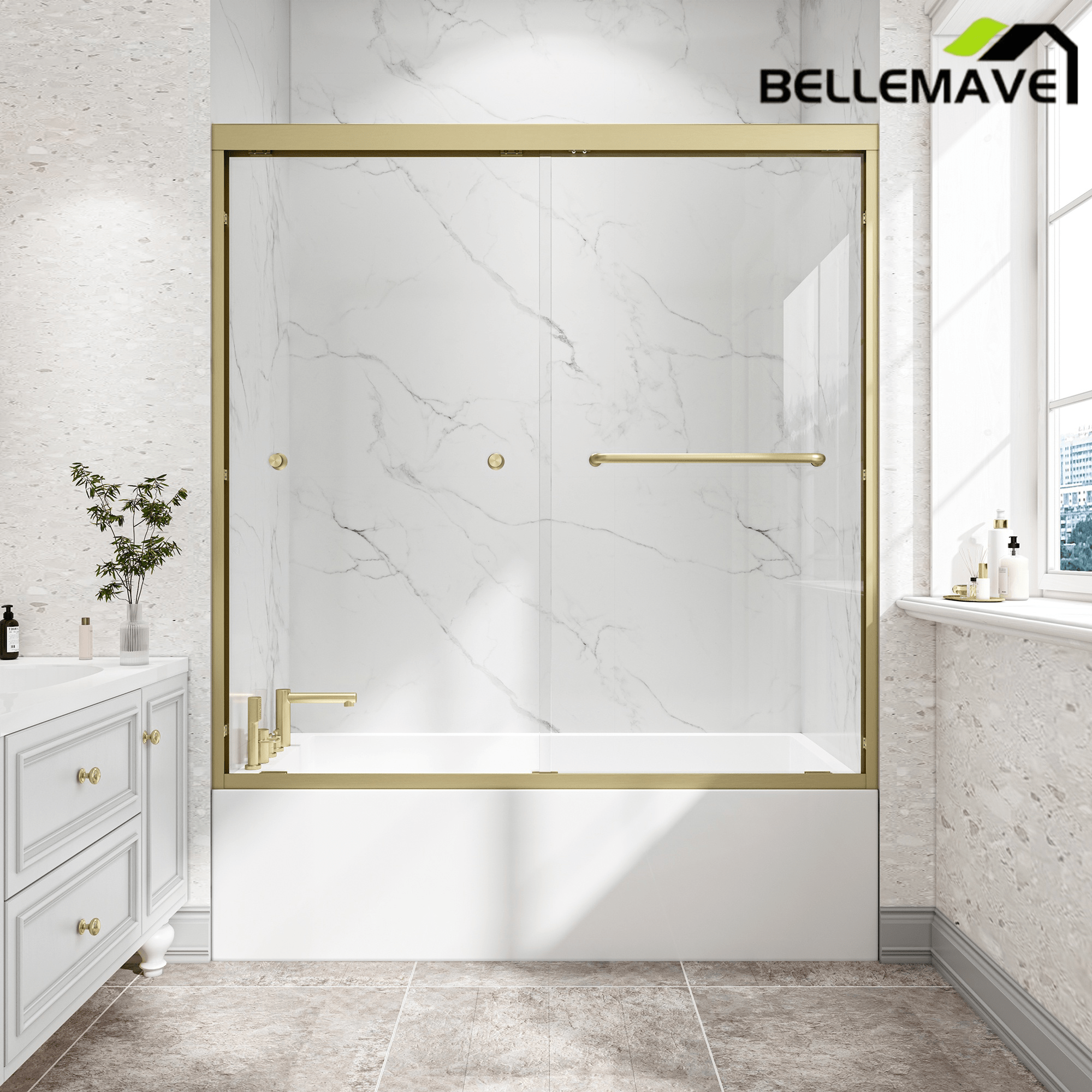 Bellemave® Reversible Installation Double Bypass Sliding Shower Door,Aluminium Alloy Frame,1/4"(6MM) Tempered Glass With Nano Explosion - proof Membrance,Easy Installation - Bellemave