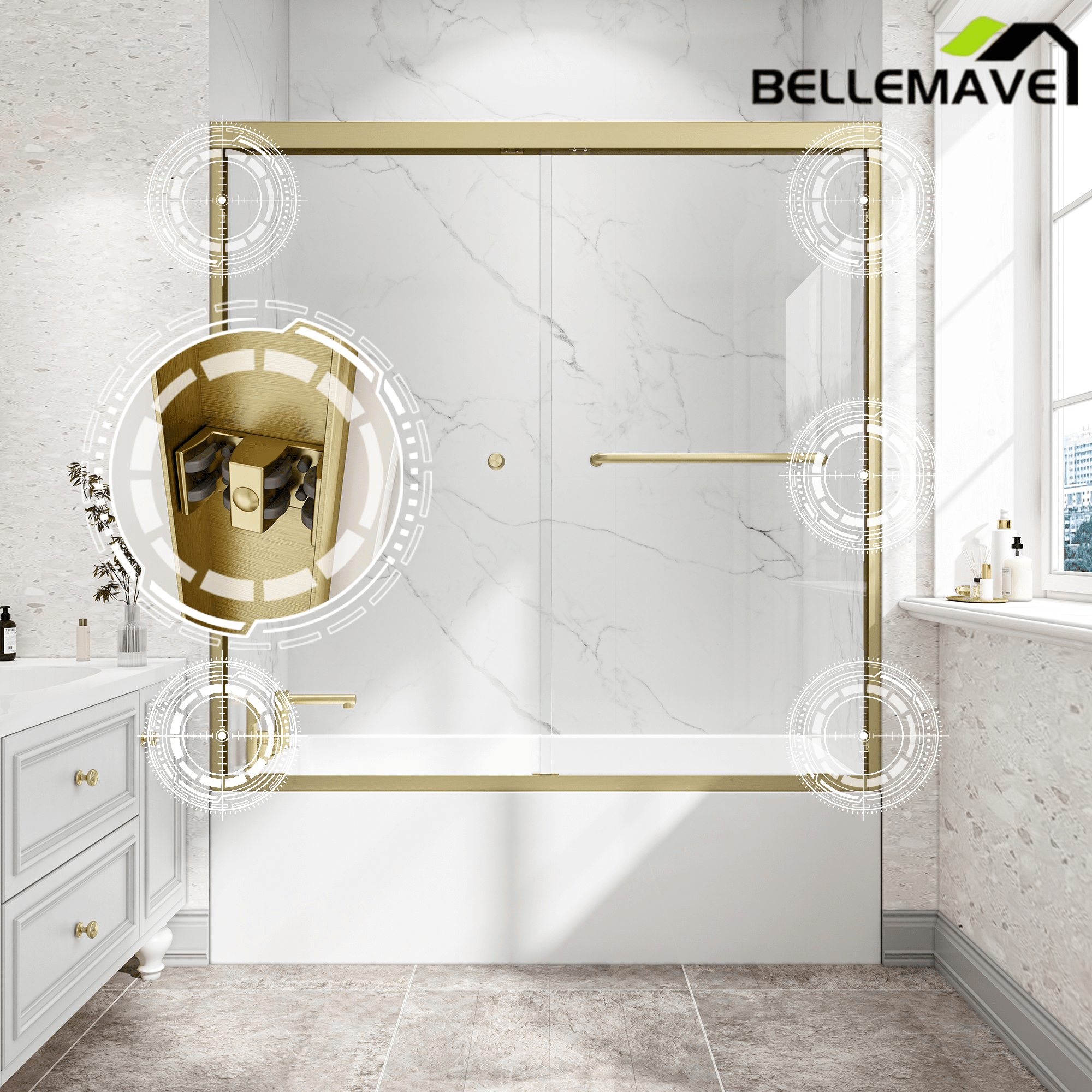Bellemave® Reversible Installation Double Bypass Sliding Shower Door,Aluminium Alloy Frame,1/4"(6MM) Tempered Glass With Nano Explosion - proof Membrance,Easy Installation - Bellemave