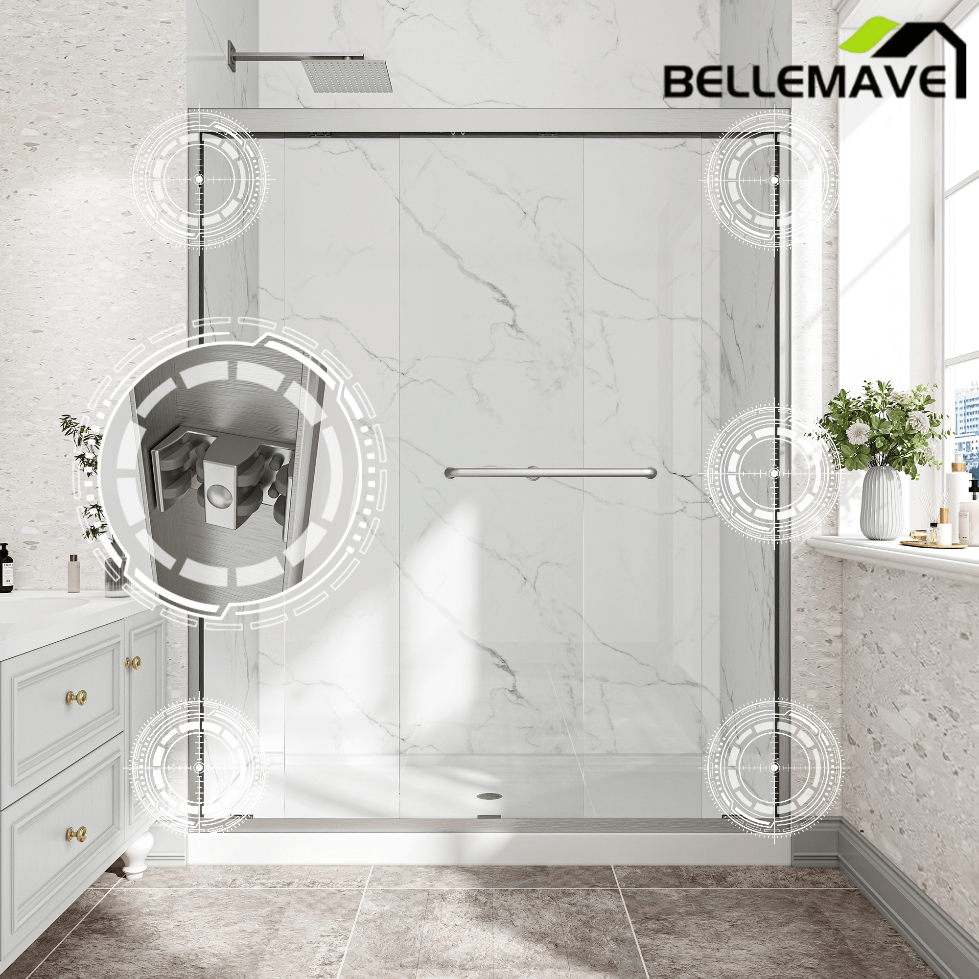 Bellemave® Reversible Installation Double Bypass Sliding Shower Door,Aluminium Alloy Frame,1/4"(6MM) Tempered Glass With Nano Explosion - proof Membrance,Easy Installation - Bellemave