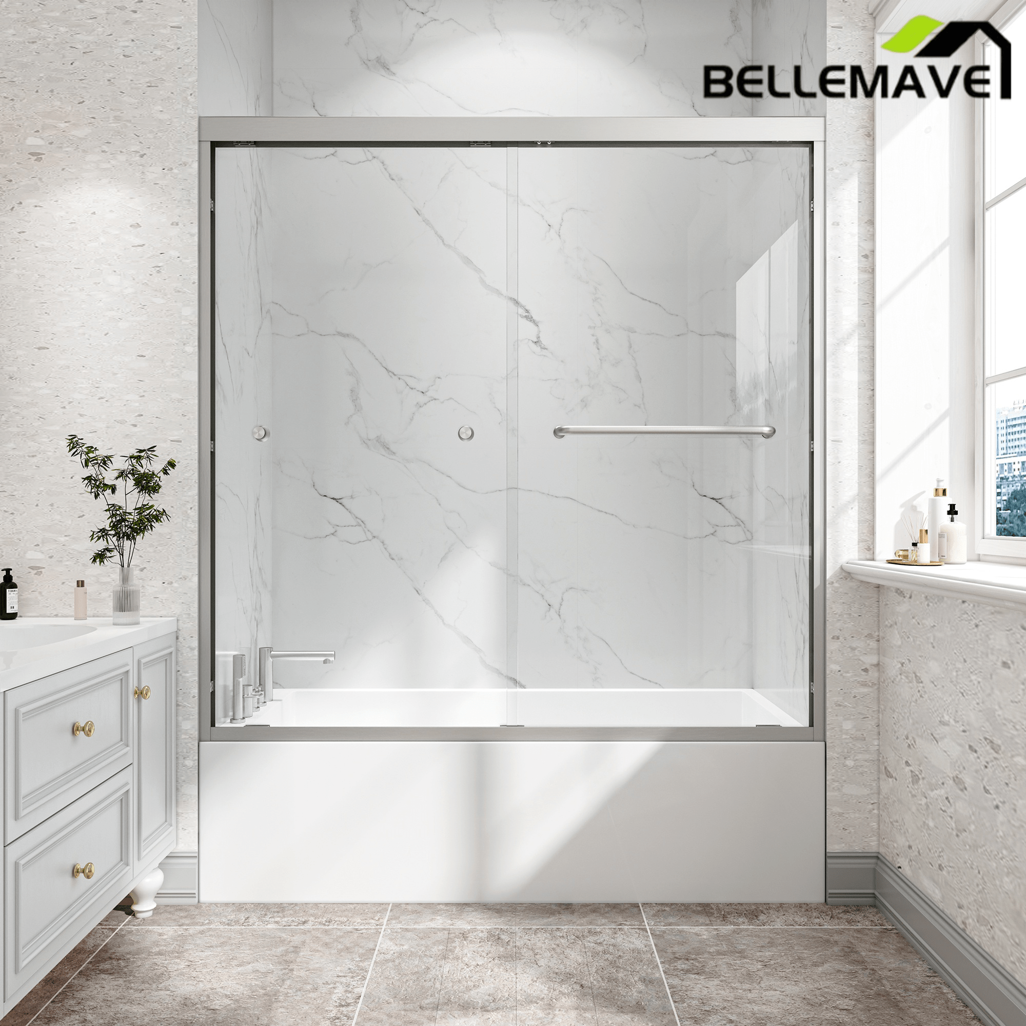 Bellemave® Reversible Installation Double Bypass Sliding Shower Door,Aluminium Alloy Frame,1/4"(6MM) Tempered Glass With Nano Explosion - proof Membrance,Easy Installation - Bellemave
